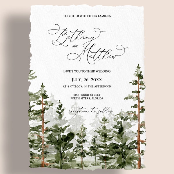 Pine Forest Wedding Invitation, Mountain Wedding Invitation Template, Woodland Wedding, Watercolor wedding invite, Outdoor wedding invite