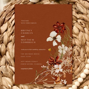Terracotta Wedding Invitation Template, Fall Autumn Wedding Invitation, Boho Floral Wedding Invite, Boho Wedding, Rust Wedding, Bohemian