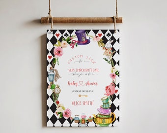 Alice in Wonderland Invitation Custom Sign Template, Alice in Onederland party sign, Mad Tea Party, Printable Alice, Birthday Sign Template