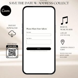 Music Player Save the Date Website, Adress Collect, Add Song, Playlist, Musical, Digital Evite, Wedding Video, Animated, Online, Minimalist