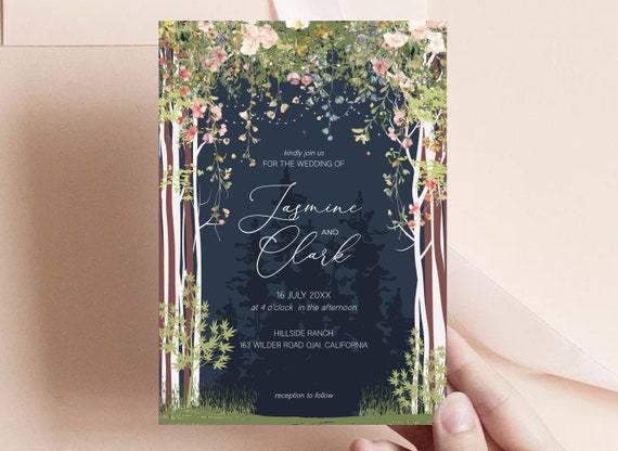 Enchanted Forest Wedding Invitation, Mountain Wedding Invitation Template, Woodland Wedding, Pine Forest, Starry Night Wedding