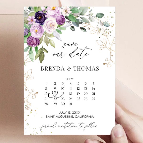 Purple Save Date Template, Calendar Save the date, DIY Editable Save the Date Card, Lilac wedding, Purple Roses, Gold Flakes, Purple Theme