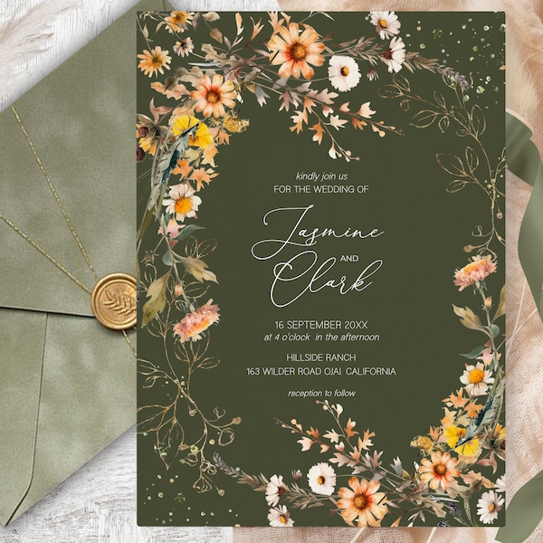 Green Wedding Invitation Template, Fall Autumn Wildflowers Wedding Invitation, Autumn Leaves, Pampas grass Wedding Invitation, Sunflowers