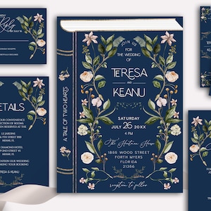 Book Cover Wedding Invitation Suite, Literary Book Invite, Book Theme Wedding, Literary Book Invite, Library Wedding Invitation, navy