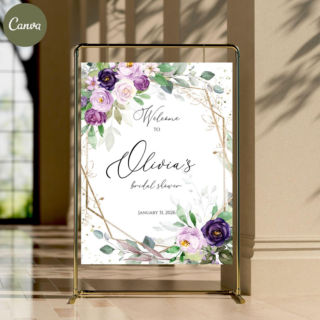 Purple Floral Bridal Shower Welcome Sign Template, Lilac Bridal ...