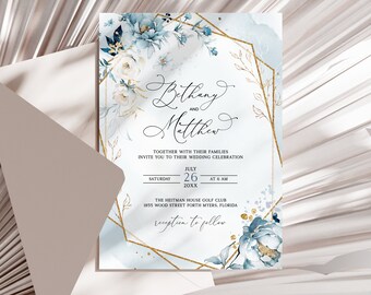 Sjabloon bruiloft uitnodiging blauwe bloemen, blauwe bruiloft, bewerkbare blauwe uitnodiging, blauw en goud, gouden geometrische uitnodiging, aquarel bloemen