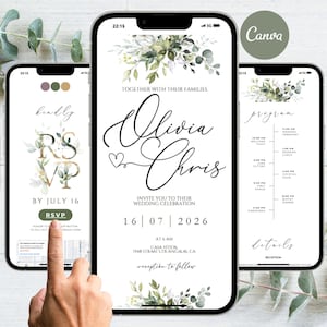 Op de afbeelding: Drie smartphones met trouwkaartontwerpen. De centrale telefoon toont de namen "Olivia & Chris" met de trouwdatum. De linkertelefoon heeft een RSVP-prompt en de rechtertelefoon toont het huwelijksprogramma. Alle telefoons hebben bloemaccenten.