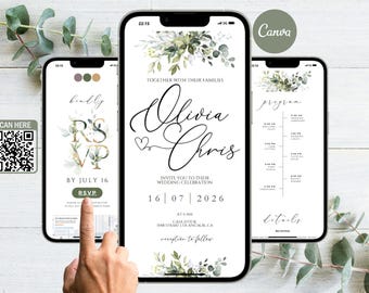 Canva Wedding Website Template with Trackable RSVP Link, Clickable RSVP Form, Canva Website Template, Greenery Eucalyptus Wedding Invitation