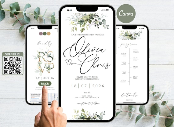 Canva Wedding Website Template with Trackable RSVP Link, Clickable RSVP Form, Canva Website Template, Greenery Eucalyptus Wedding Invitation