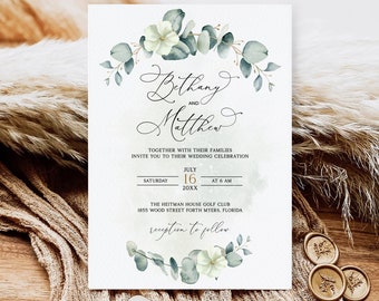 Greenery Wedding Invitation Template, Eucalyptus Wedding Invite, Minimalist ınvitation, Rustic Floral, Watercolor Wedding Invitation,