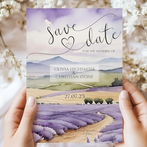Lavendel Save the Date Kartenvorlage, Provence Landschaft, Lavendelfeld Save the Date, Landschaftsmalerei Save the Date, Bestimmungsort Frankreich