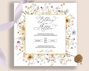 Square Wedding Invitation, Wild flowers invitation template, Spring Flowers, Spring Wedding, delicate flowers, wild flowers, Boho Floral