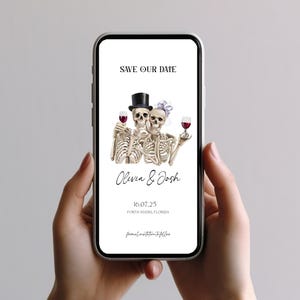 Skeleton Couple Save the Date Template, Gothic, Skull Bride Groom, Spooky, Halloween Wedding, moody, drunk skull couple, cute skeleton
