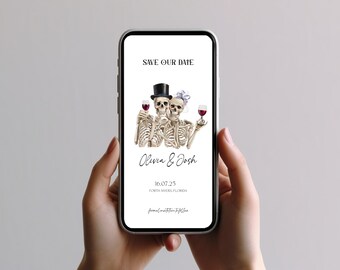 Skeleton Couple Save the Date Template, Gothic, Skull Bride Groom, Spooky, Halloween Wedding, moody, drunk skull couple, cute skeleton