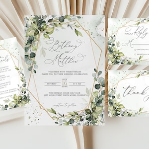 Modello per set di suite per matrimonio verde, pacchetto di inviti per matrimonio, invito con foglie verdi, RSVP verde, scheda dettagli, invito con eucalipto