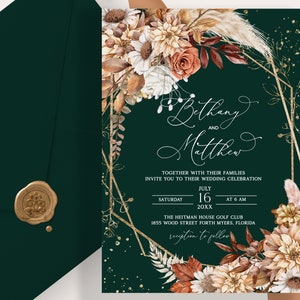 Herfst herfst huwelijksuitnodiging, smaragdgroen, pampagras huwelijksuitnodiging, boho uitnodigingssjabloon, zonnebloemen, terracotta, gouden vlok
