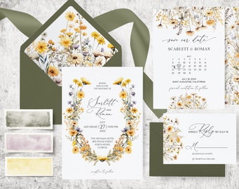 Daisy Wedding invitation Suite, Yellow Floral Invite, Wild Flowers Rustic, Wild Herbs Wedding, Wildflower Save the date, Daisy rsvp