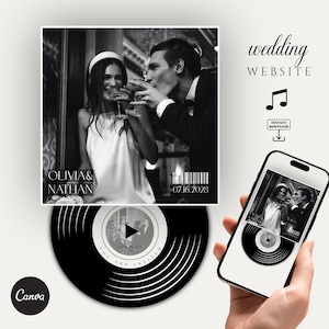 May include: A black and white digital wedding invitation template featuring a square photo of a couple with the text OLIVIA & NATHAN and 07.16.2028, paired with a vinyl record graphic and a smartphone displaying the invitation website interface.