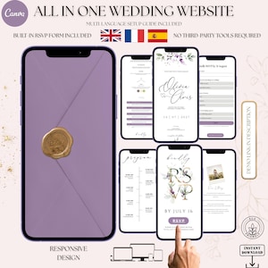 May include: A digital wedding website design displayed on multiple smartphones. The design features a lavender colour scheme, with the text "Olivia & Chris" and "RSVP". The website includes a built-in RSVP form and is responsive.