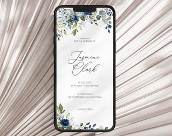 Navy Blue Digital Wedding Invitation Template, Smartphone Invite, Sms Invitation, Navy Blue Wedding, Eco Friendly invite, Evite, Blue Roses