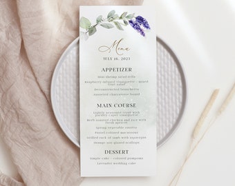 Modelo de menu de casamento editável, lavanda, download de menu de casamento com vegetação, menu de casamento para impressão, download de menu de casamento, roxo