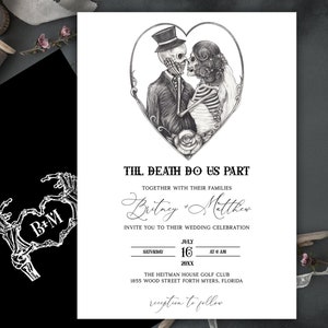 Til Death Do Us Part, Skull Wedding Invitation, Gothic, Skeleton, Skull Bride Groom, Spooky, Halloween, moody, black, Witchy, Dark Wedding