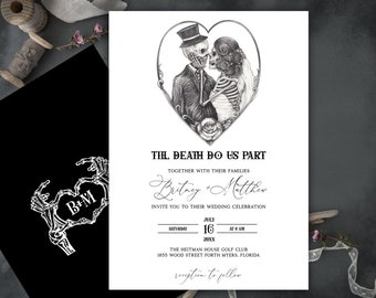 Til Death Do Us Part, Schedel Huwelijksuitnodiging, Gothic, Skelet, Schedel Bruidegom, Spooky, Halloween, humeurig, zwart, Heks, Dark Wedding