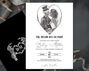 Til Death Do Us Part, Skull Wedding Invitation, Gothic, Skeleton, Skull Bride Groom, Spooky, Halloween, moody, black, Witchy, Dark Wedding