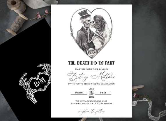 Til Death Do Us Part, Skull Wedding Invitation, Gothic, Skeleton, Skull Bride Groom, Spooky, Halloween, moody, black, Witchy, Dark Wedding