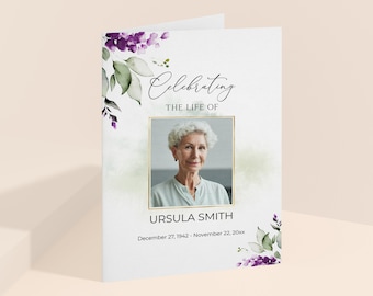 Plantilla de programa funerario, plantilla de programa obituario, servicio conmemorativo, vida de celebración, funeral para mujeres, funeral editable, invitación funeraria