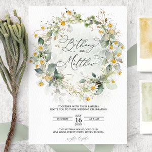 Gänseblümchen Einladung, Gelbe Blumeneinladung, Grüne Gold Florale Einladung, Kamille Einladung, Goldene Gänseblümchen, Frühlingshochzeit Einladung