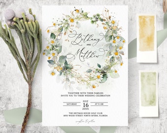 Daisy Wedding Invitation Template, Yellow Floral Invite, Greenery Gold Floral, Camomile Invitation, Golden daisy, Spring Wedding Invite