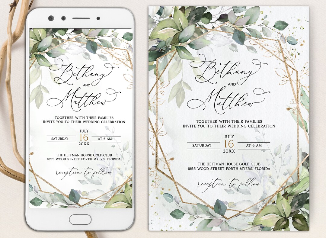 Greenery Gold Wedding Invitation With Evite Evite Wedding Etsy