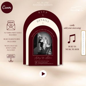 Burgundy Wedding Website Template, Trackable RSVP, Canva (Digital Download), Arch Invites, Old Money Website, Add Music, Burgundy and Cream