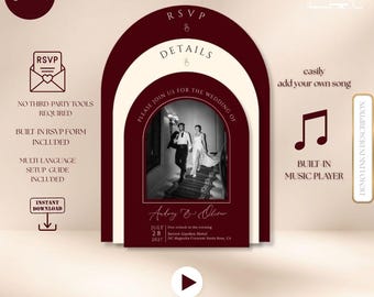 Burgundy Wedding Website Template, Trackable RSVP, Canva (Digital Download), Arch Invites, Old Money Website, Add Music, Burgundy and Cream
