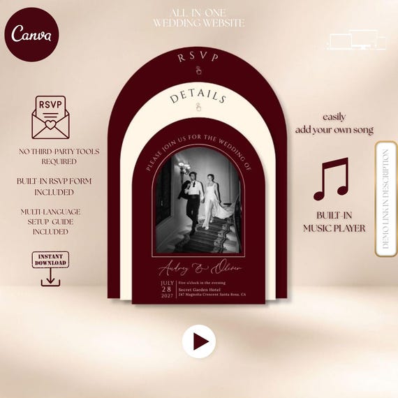 Burgundy Wedding Website Template, Trackable RSVP, Canva (Digital Download), Arch Invites, Old Money Website, Add Music, Burgundy and Cream