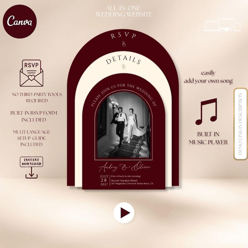 Burgundy Wedding Website Template, Trackable RSVP, Canva (Digital Download), Arch Invites, Old Money Website, Add Music, Burgundy and Cream