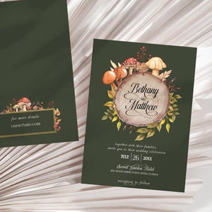 Woodland Wedding Invitation , Mountain, Fairytale Mushroom Wedding Invitation, Fall Autumn Invitation, Autumn Leaves, Forest Invitation
