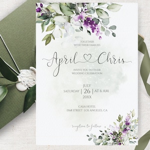 Purple Flowers Wedding Invitation Template, Lavender Watercolor Greenery Wedding Invite, Lilac Invitation, Sage Green Wedding