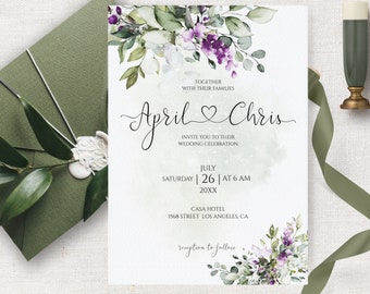 Purple Flowers Wedding Invitation Template, Lavender Watercolor Greenery Wedding Invite, Lilac Invitation, Sage Green Wedding