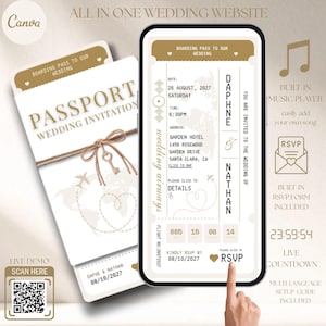 Passport Wedding Invitation Website Template, Online RSVP, Boarding Pass Card, Music, Destination, Luxury, Countdown Timer, Travel Theme