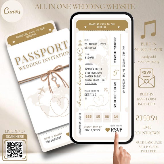Passport Wedding Invitation Website Template, Online RSVP, Boarding Pass Card, Music, Destination, Luxury, Countdown Timer, Travel Theme