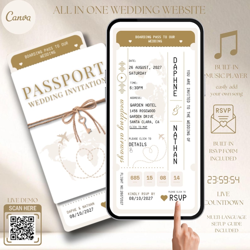 Passport Wedding Invitation Website Template, Online RSVP, Boarding Pass Card, Music, Destination, Luxury, Countdown Timer, Travel Theme