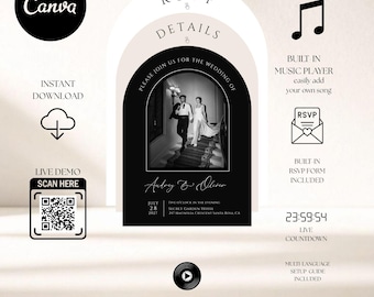 Plantilla de sitio web para bodas Arch, RSVP rastreable, reproductor de música, Canva (descarga digital)
