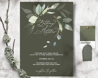 Boho Wedding Invitation Template, Green Wedding Invite, Boho Wedding Invite, Sage Green Wedding, Emerald green and gold, greenery gold