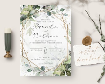 Puede incluir: Invitación de boda con un marco geométrico dorado y hojas verdes en acuarela. La invitación dice "Juntos con sus familias, Brenda y Nathan los invitan a unirse a ellos en la celebración de su boda. Sábado, 24 de julio de 2021, 3:00 PM. The Eden Place, 11 Garden Boulevard, Nueva York. Recepción a continuación."
