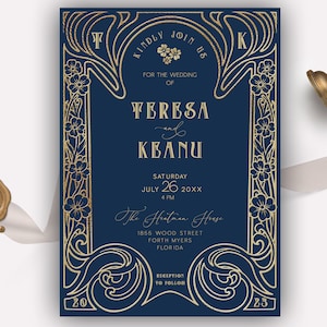 Art Nouveau Wedding Invitation, Navy Floral, Baroque Wedding, Vintage Wedding, gold wedding, navy and gold, art deco wedding invitation