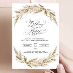 Invito a nozze con erba della pampa, invito a nozze boho, invito minimale, beige, boho, fiori secchi, matrimonio autunnale, modello pampa