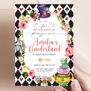 Alice in Wonderland Invitation, Alice in Onederland 1st Birthday, Mad Tea Party, Printable Alice, Alice in Wonderland Template, Editable