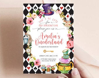 Alice in Wonderland Invitation, Alice in Onederland 1st Birthday, Mad Tea Party, Printable Alice, Alice in Wonderland Template, Editable